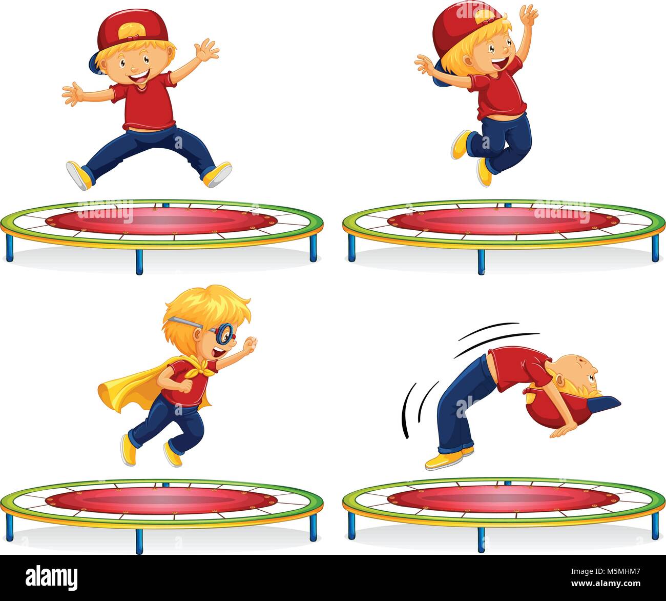 Boy jumping on red trampoline illustration Stock Vector Image & Art - Alamy
