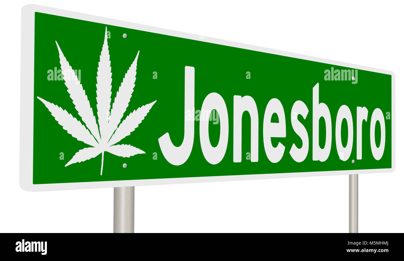 Rendering of a green highway sign with marijuana leaf for Jonesboro Stock Photo