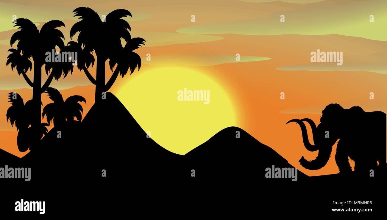 Silhouette scene with elephant at sunset illustration Stock Vector ...
