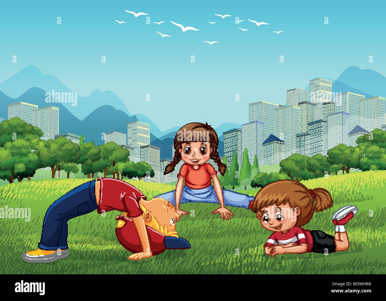 Three kids playing in the national park illustration Stock Vector Image ...