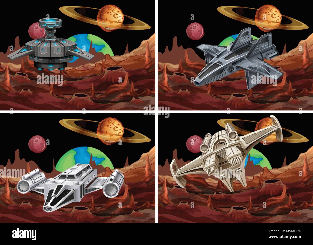 Four scenes of spaceship flying in space illustration Stock Vector ...