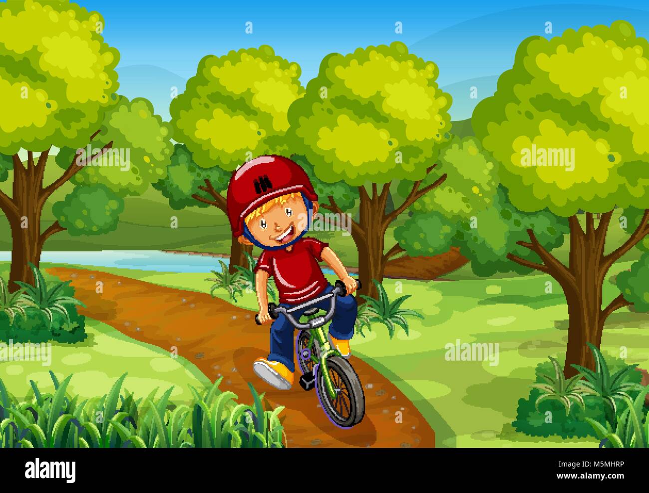 Little boy riding bike in the park illustration Stock Vector Image ...