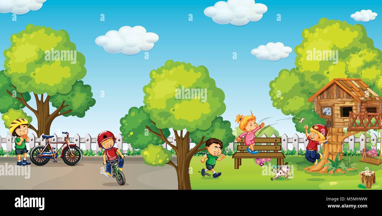 Children riding bike and playing in park illustration Stock Vector ...