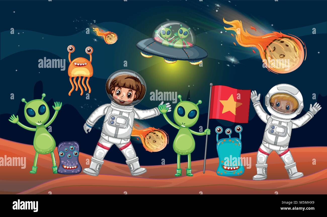Space theme with two astronauts and many aliens illustration Stock ...