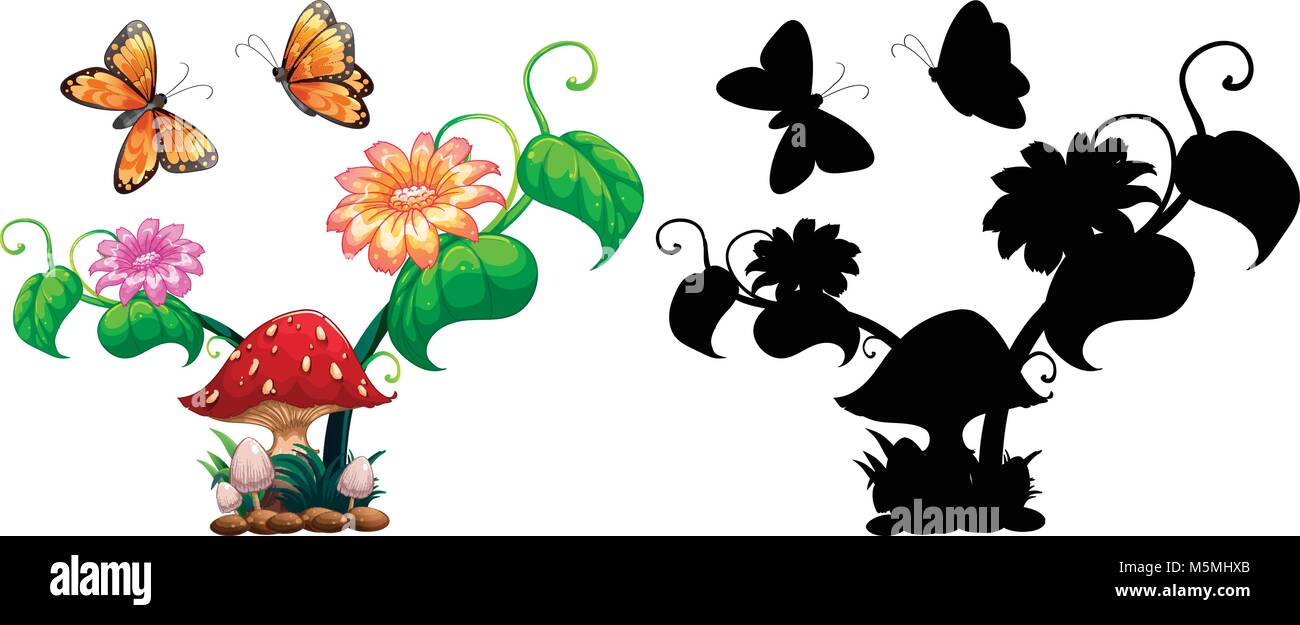 Butterflies and mushroom in garden illustration Stock Vector Image & Art Alamy