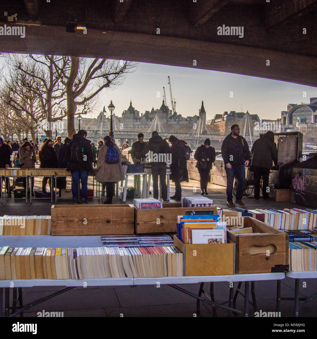 Second hand and antique book market under Waterloo Bridge in the Southbank area of London. Stock Photo