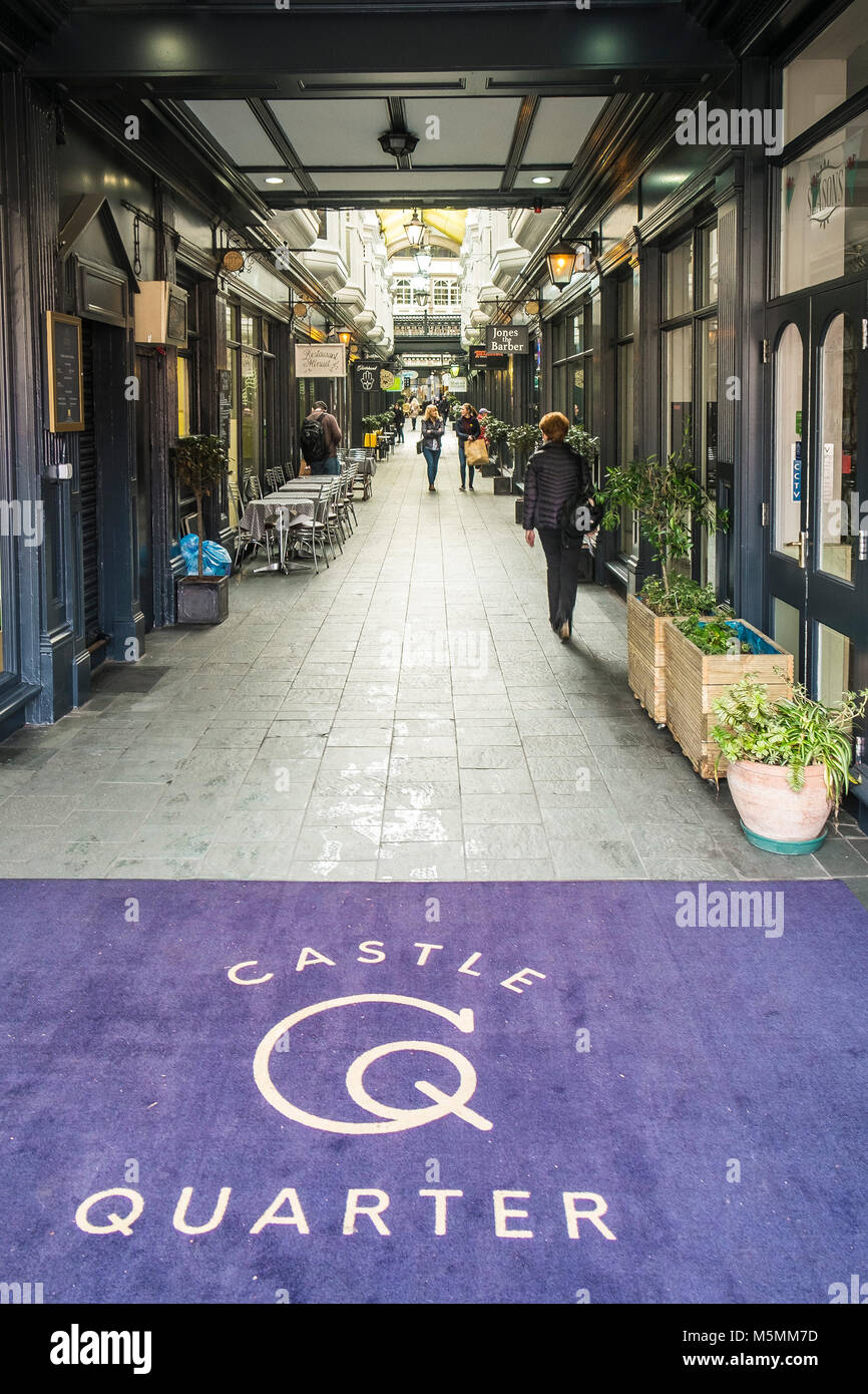 Castle Arcade an historic Victorian arcade in the Castle Quarter in Cardiff City centre in Wales. Stock Photo