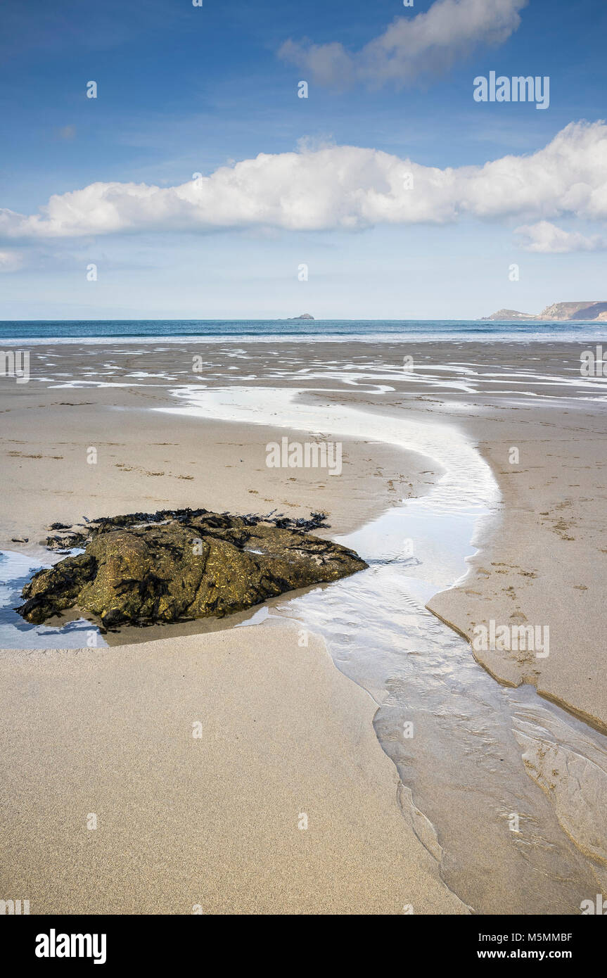 Low tide at Sennen Beach Cove in Cornwall. Stock Photo