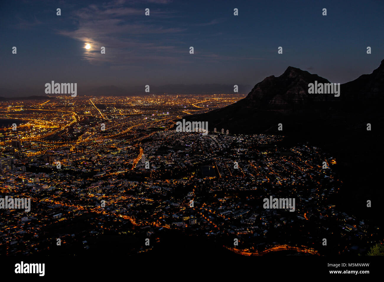 Mountain top view of Cape Town during Full Moon - Lions Head, South Africa Stock Photo