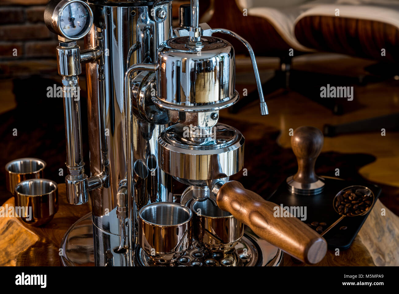 High End Espresso Machine Closeup - Barista at home Stock Photo