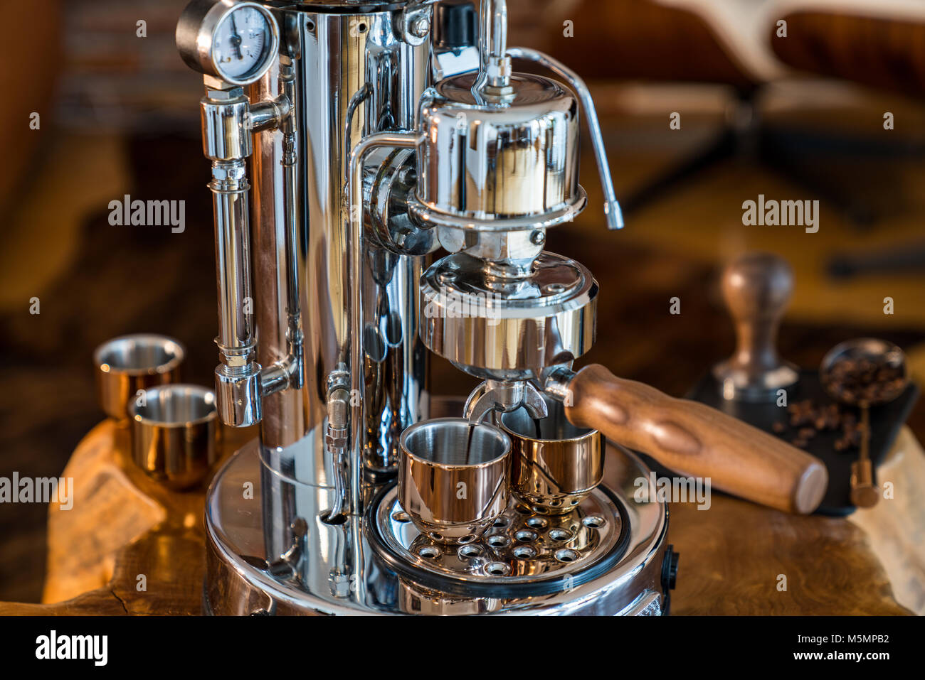 High End Espresso Machine Closeup - Barista at home Stock Photo