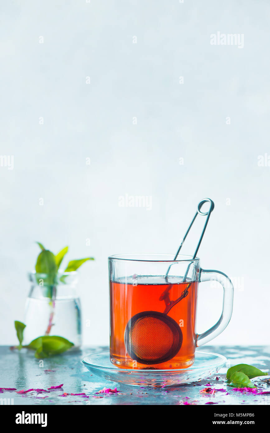 Glass cup of herbal tea with a strainer, petals and fresh green leaves on a white background. High-key spring still life with copy space. Stock Photo