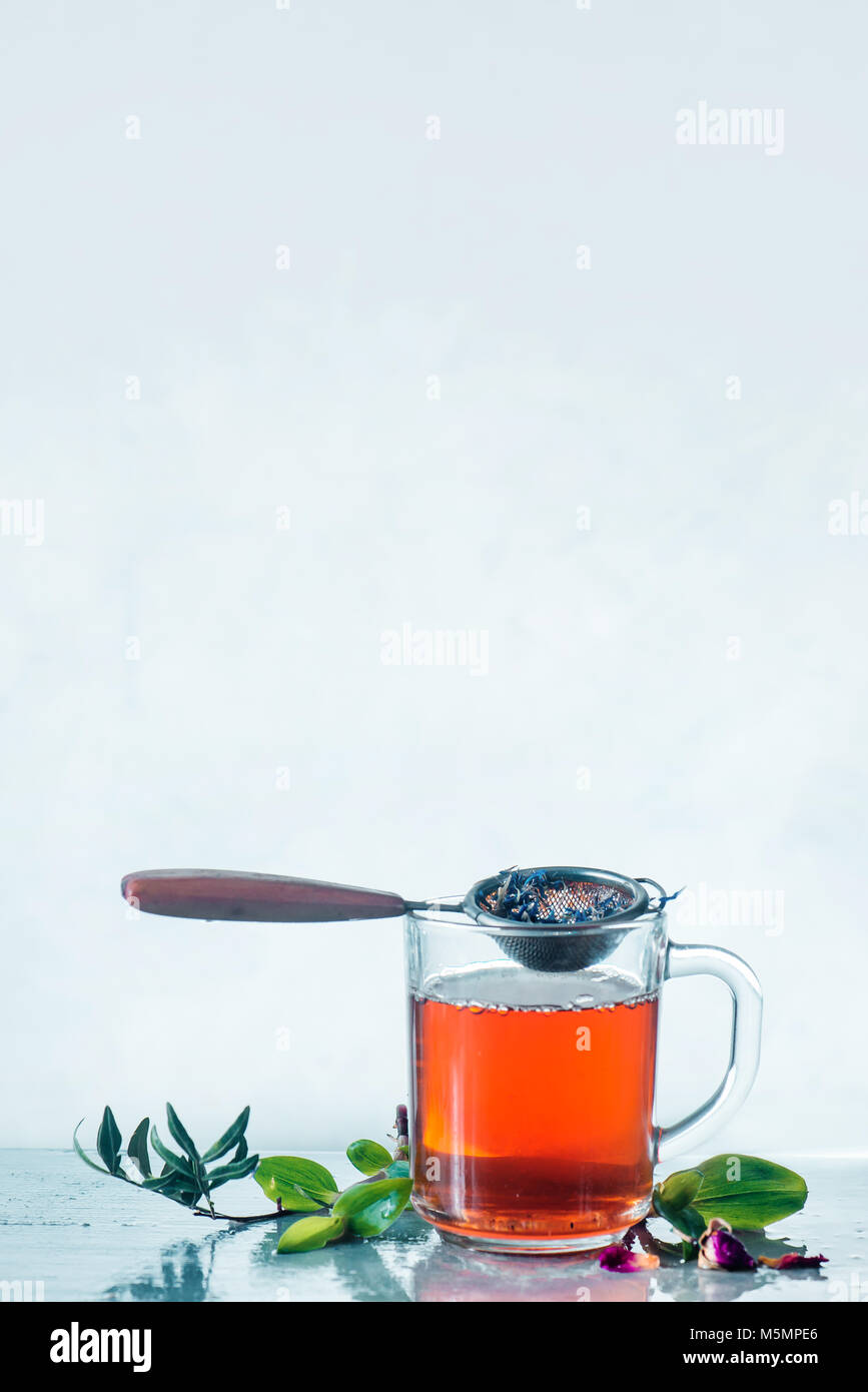 Herbal tea in a glass cup with a tea strainer light background with copy space. High-key spring still life concept with green leaves and dried flowers Stock Photo