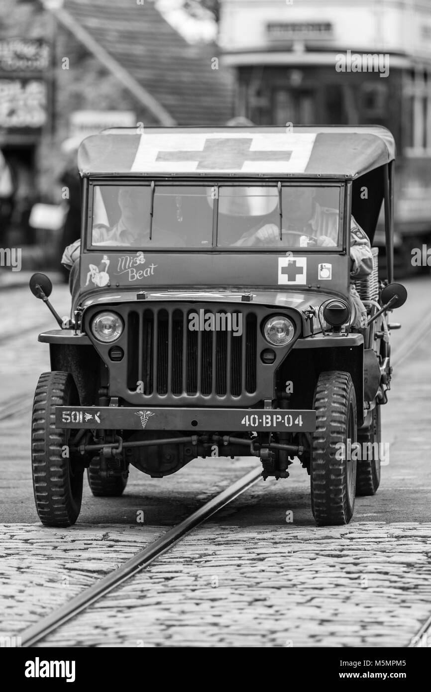 1940s Willeys Jeep Medical Vehicle at the Re-enactment Weekend at the National Tramway Museum, Crich, Derbyshire, England, UK Stock Photo