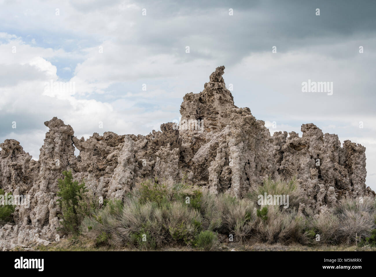 With storm clouds brewing, sand tufas stand tall over Mono Lake, marking the salty water's recession over millenia in Lee Vining, California Stock Photo