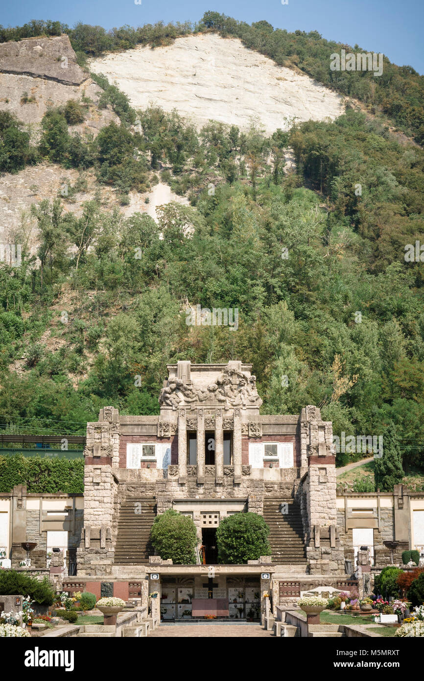 The Mausoleo Faccanoni in the Cemetery of Sarnico on Lake Iseo, a primitive looking Stile Liberty building by Giuseppe Sommaruga, 1907. Stock Photo