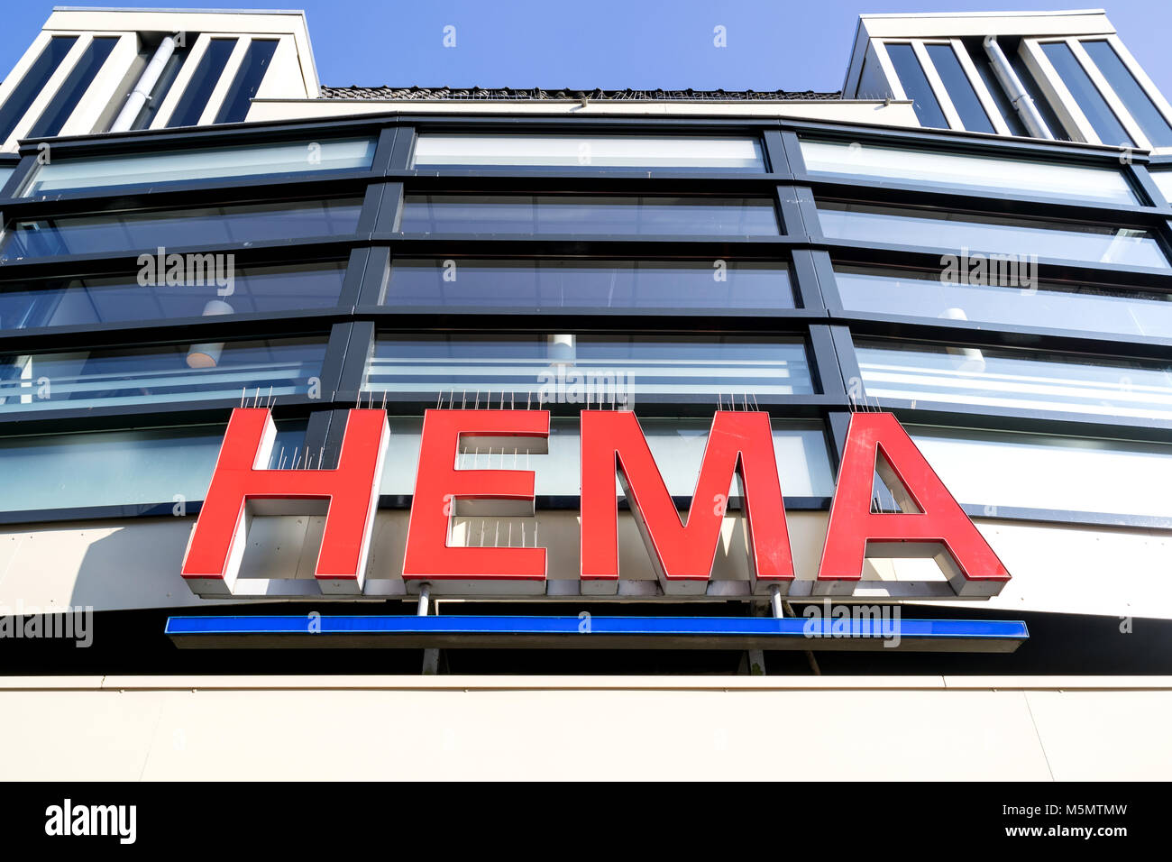 HEMA sign at branch. HEMA is a Dutch department store chain and is