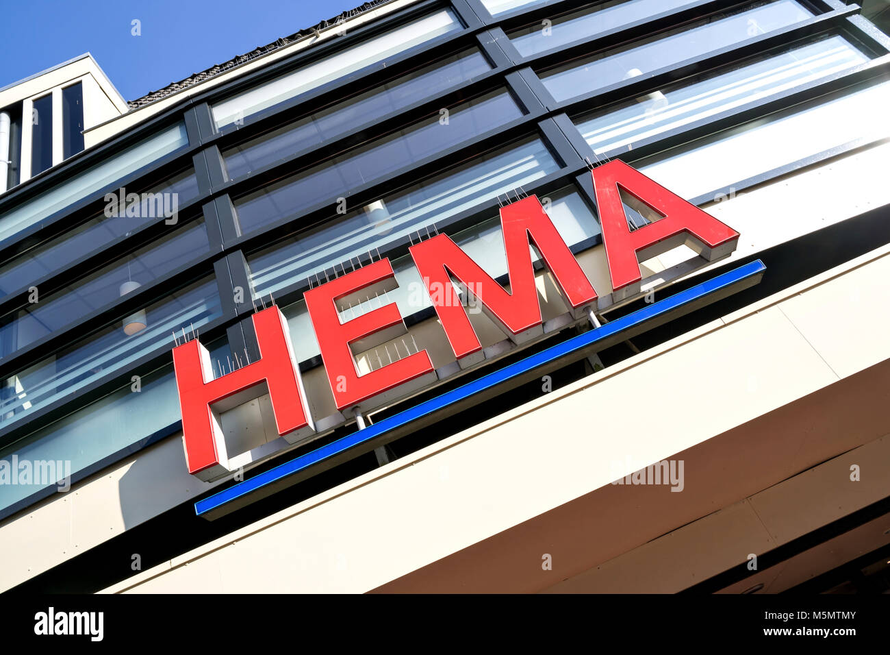 HEMA sign at branch. HEMA is a Dutch department store chain and is