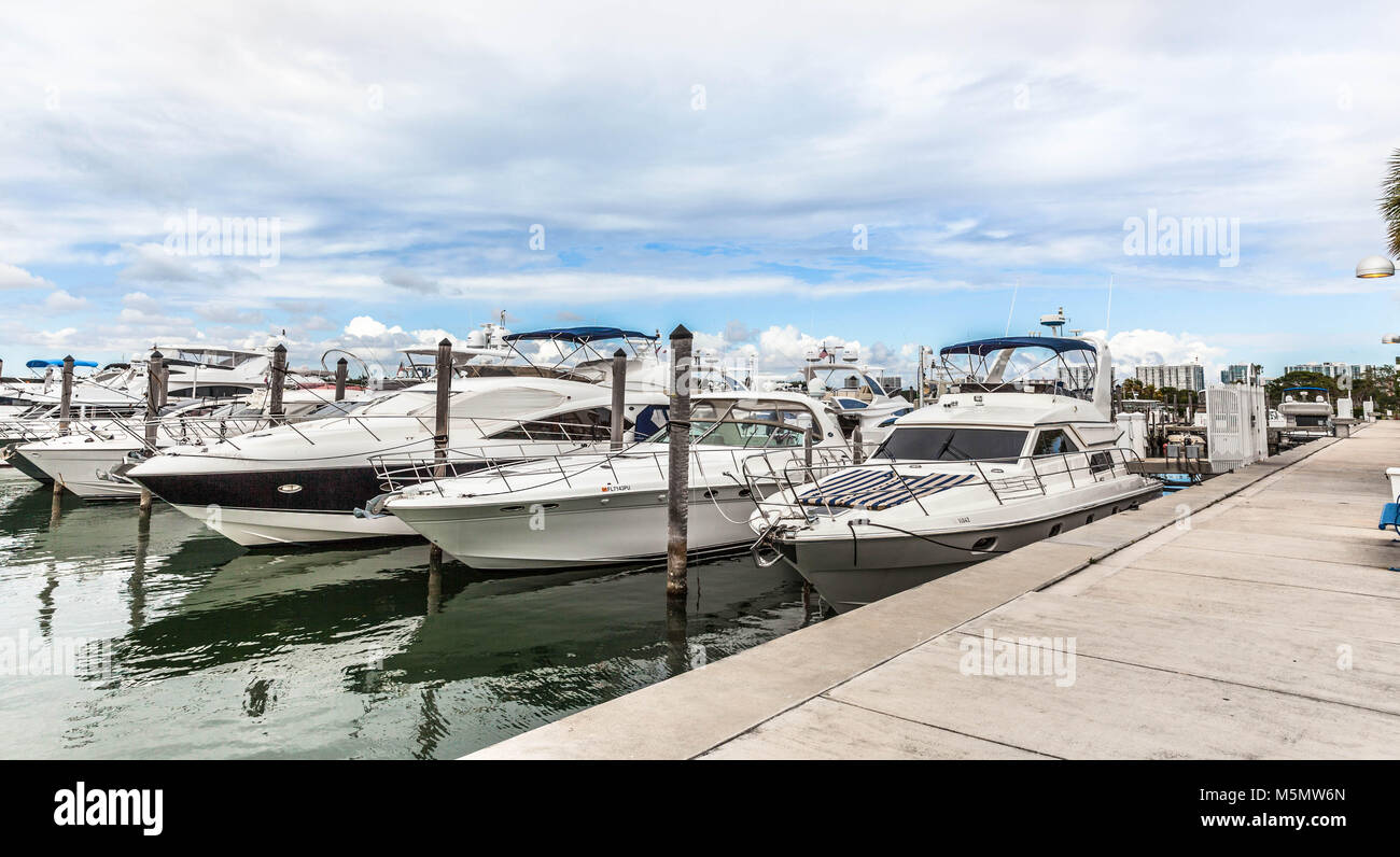 Row of boats moored at Bill Bird marina, Haulover Park, Miami, Florida, USA. Stock Photo