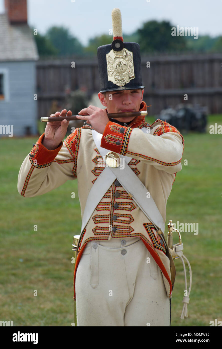 A member of the Fife and Drum band performing at Fort George National Historic Site, Niagara-on-the-Lake, Ontario, Canada Stock Photo
