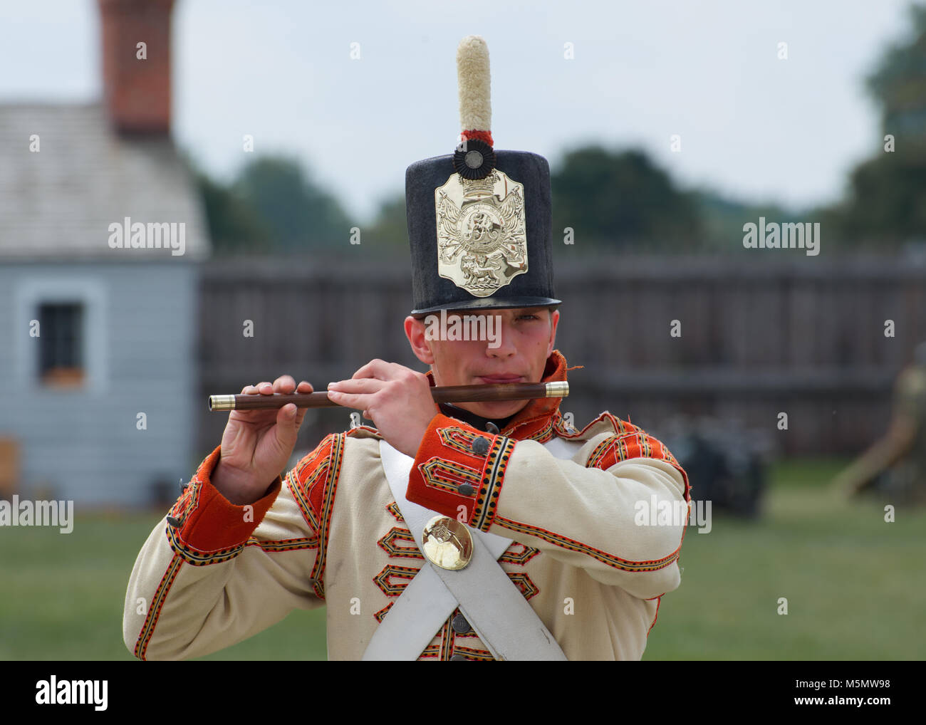 A member of the Fife and Drum band performing at Fort George National Historic Site, Niagara-on-the-Lake, Ontario, Canada Stock Photo