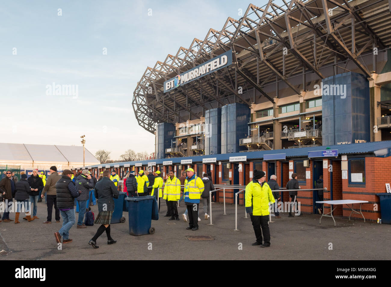 BT Murrayfield Stadium security and ticket checks as spectators enter the ground before the England Scotland Six Nations rugby game 2018 Stock Photo