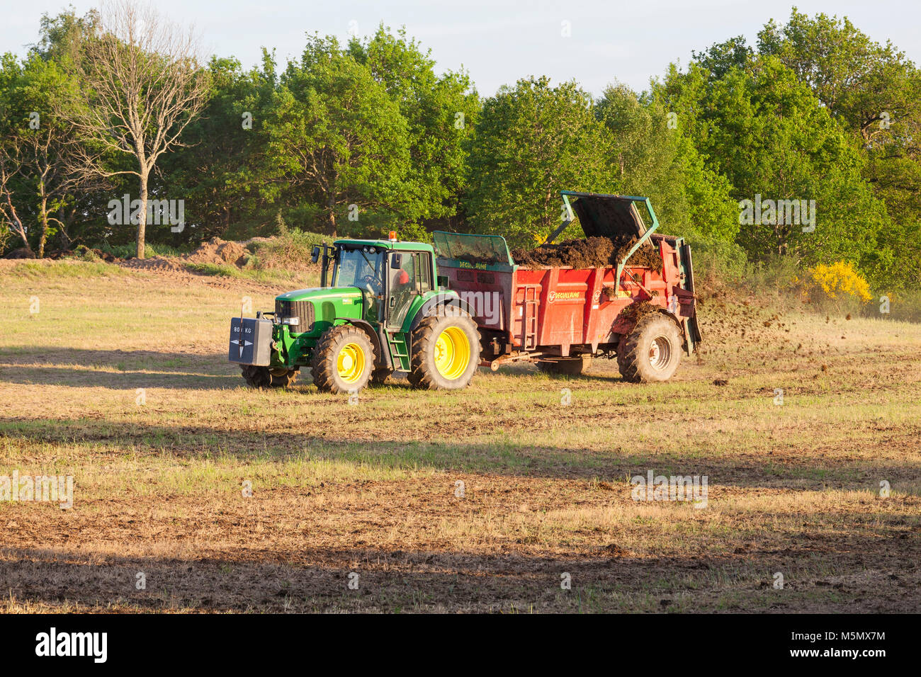 Farmer spreading organic fertiliser, fertilizer  or manure on a spring pasture using a Degullaume muck spreader and John Deere tractor Stock Photo