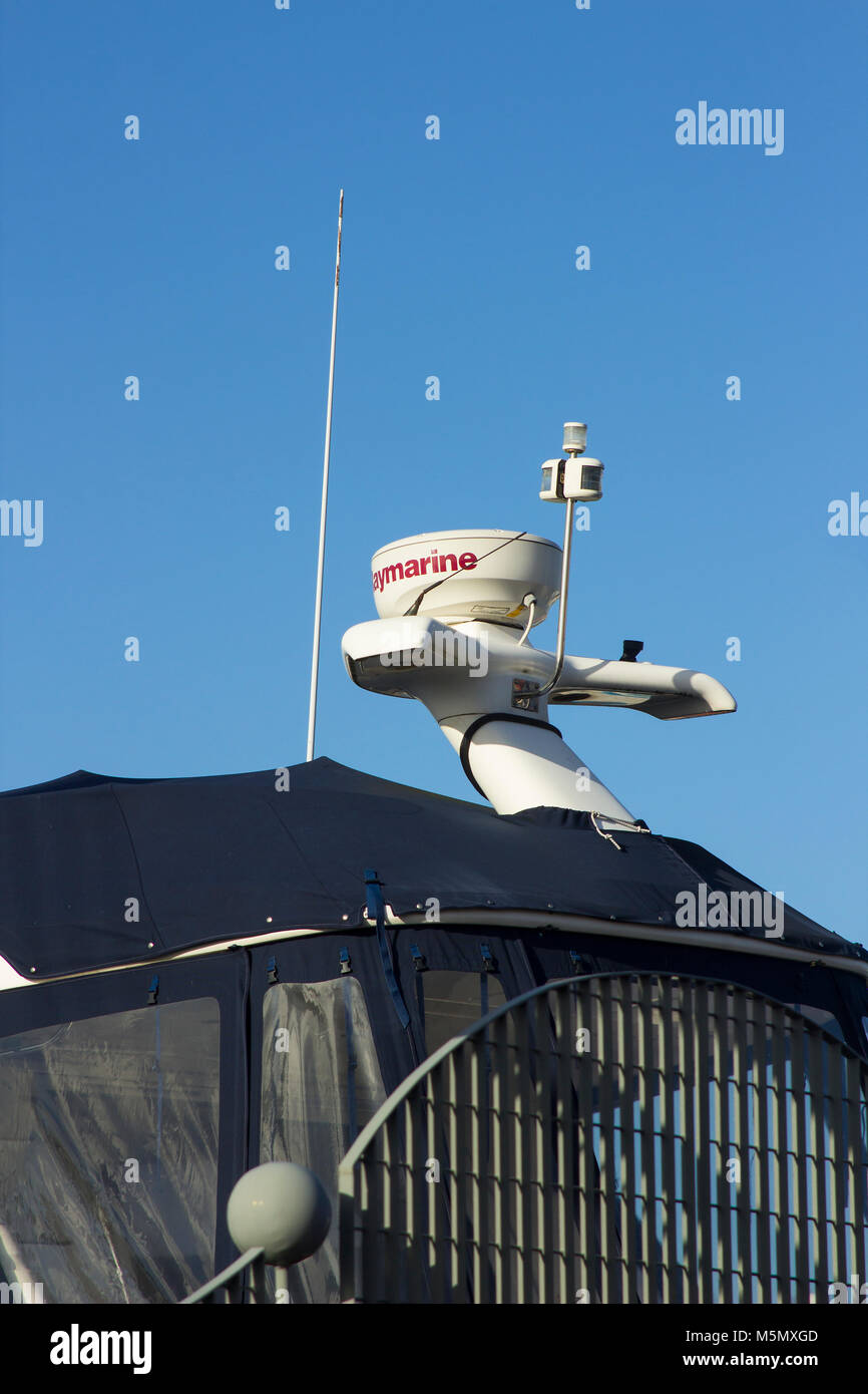 Bangor County Down Northern Ireland The radar housing and radio aerial  equipment fitted on a small pleasure craft in the local marina Stock Photo