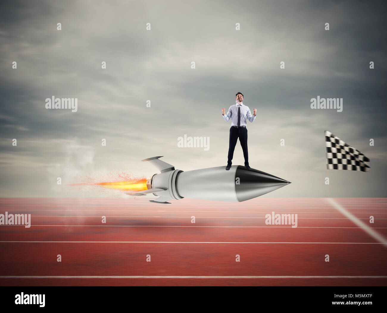 Winner businessman over a fast rocket. Concept of business competition Stock Photo