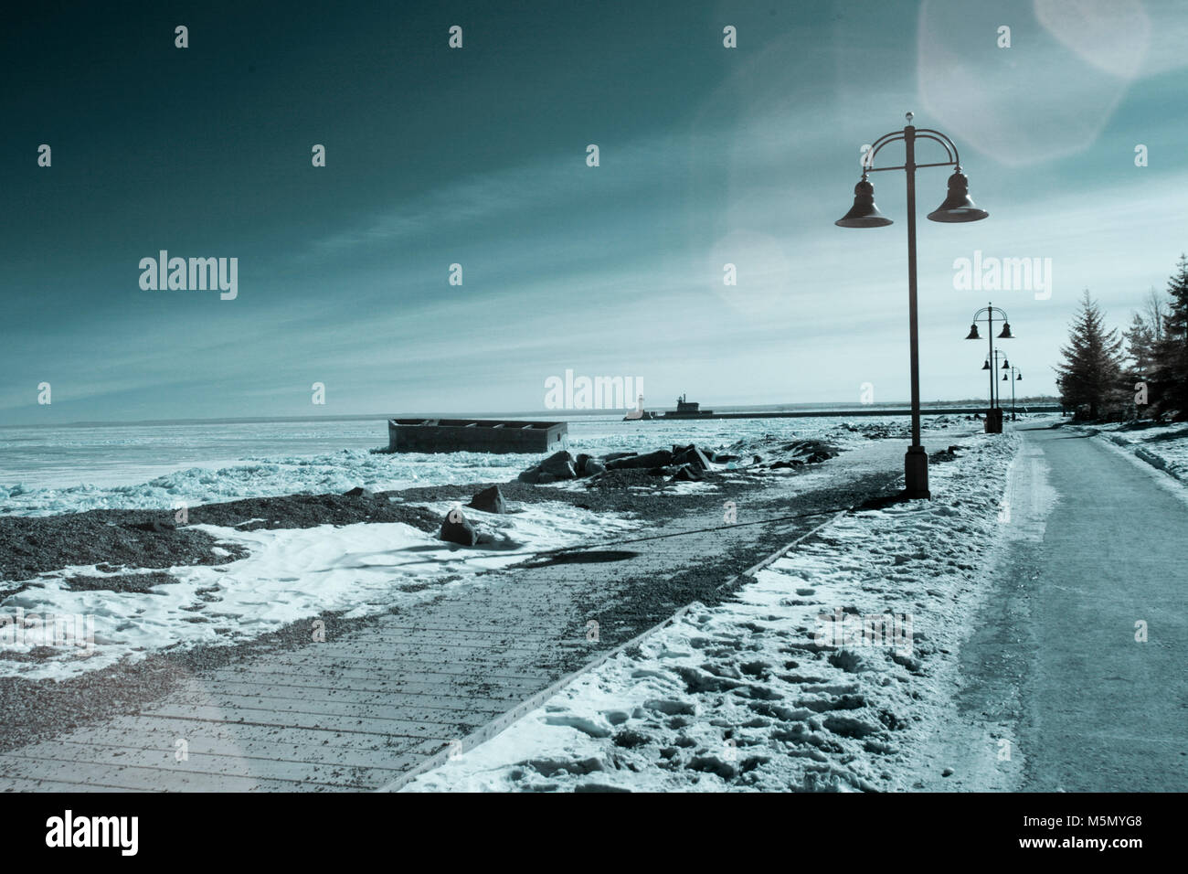 Infrared of frozen Lake Superior waterfront in Duluth, Minnesota with