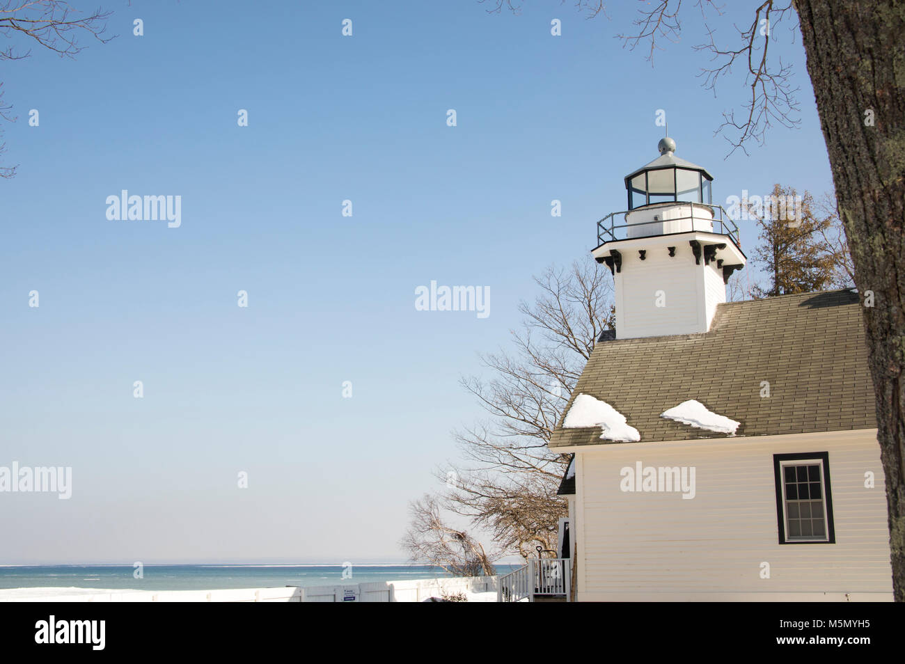 Exterior of Old Mission Lighthouse in Traverse CIty, Michigan in winter. Stock Photo