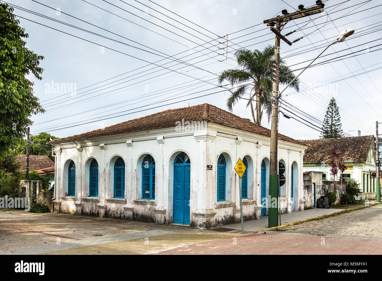 Porto Belo, Santa Catarina, Brazil - February 20th, 2018: Facade of the Casa Dr. Frederico Scheffler, built in 1902 and now is the Casa Da Cultura. Stock Photo