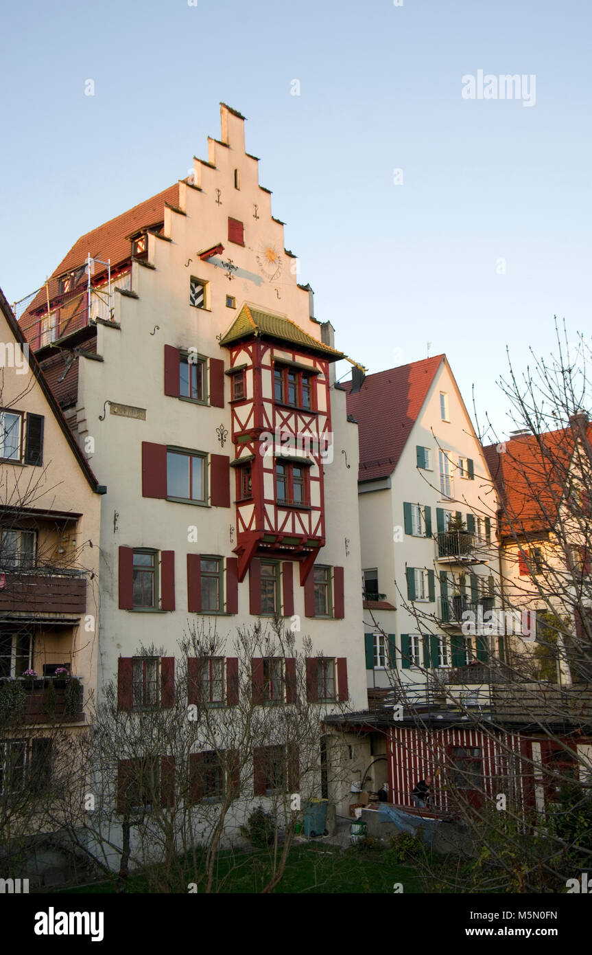 Stunning buildings in Ulm's Fischerviertel, The Fisherman's and Tanner's quarter, on a sunny day with blue skies in Baden-Wurtemmburg Bavaria Germany Stock Photo