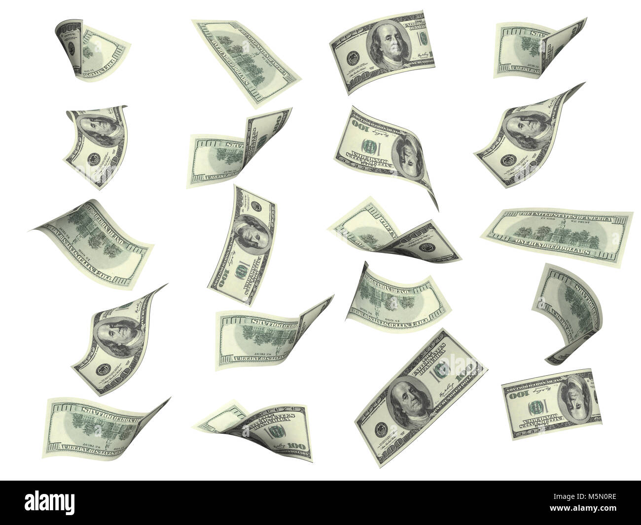 Collection of flying banknotes of hundred dollars. View from different ...