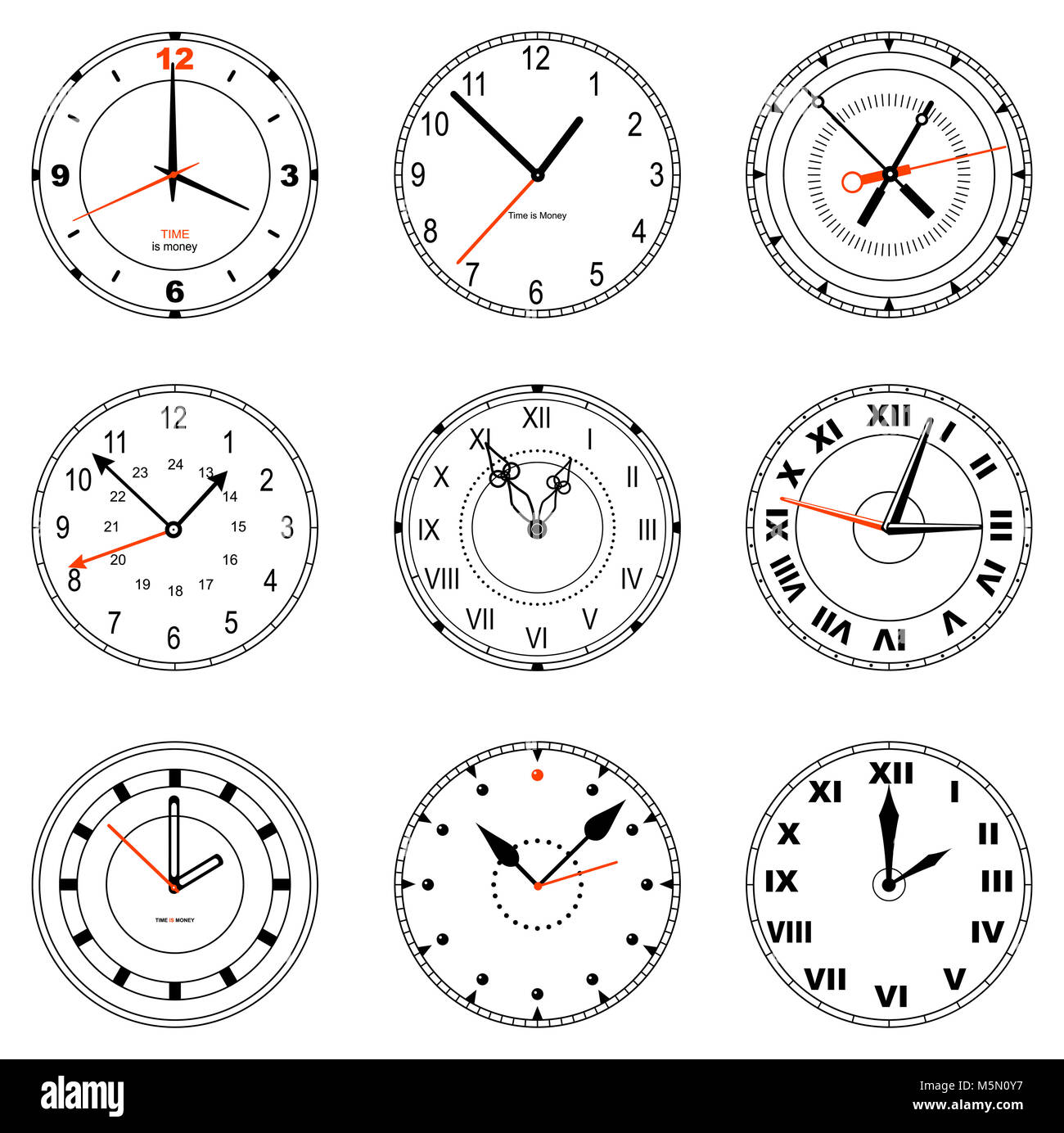 Set of editable clock icons. Dials with roman and standard numbers