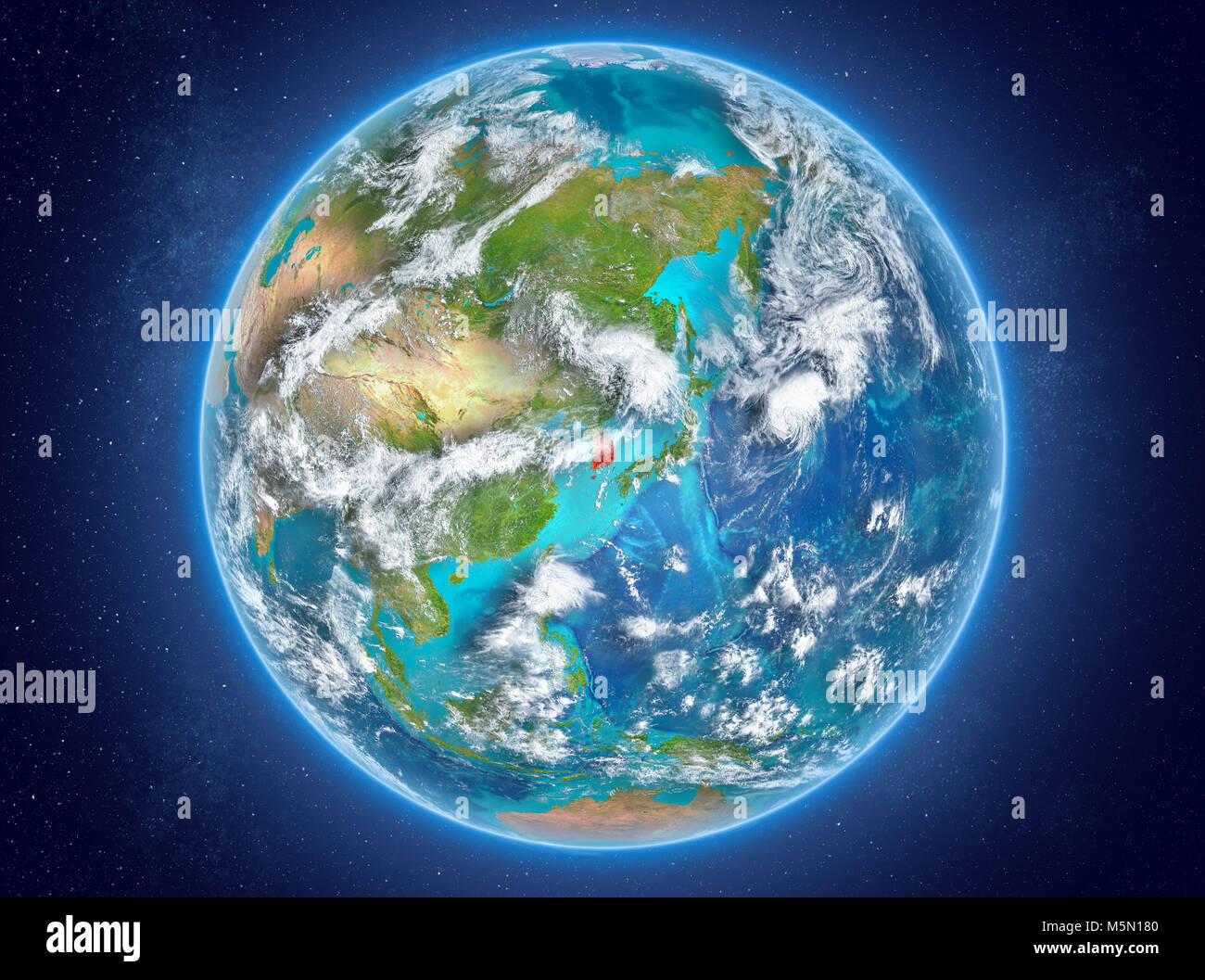South Korea in red on model of planet Earth with clouds and atmosphere ...