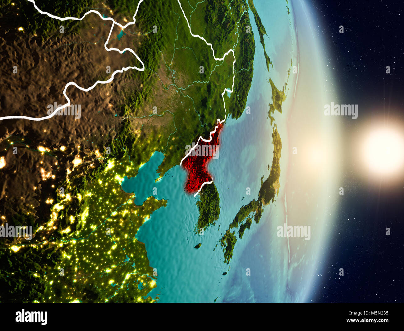 North Korea during sunrise highlighted in red on planet Earth with ...