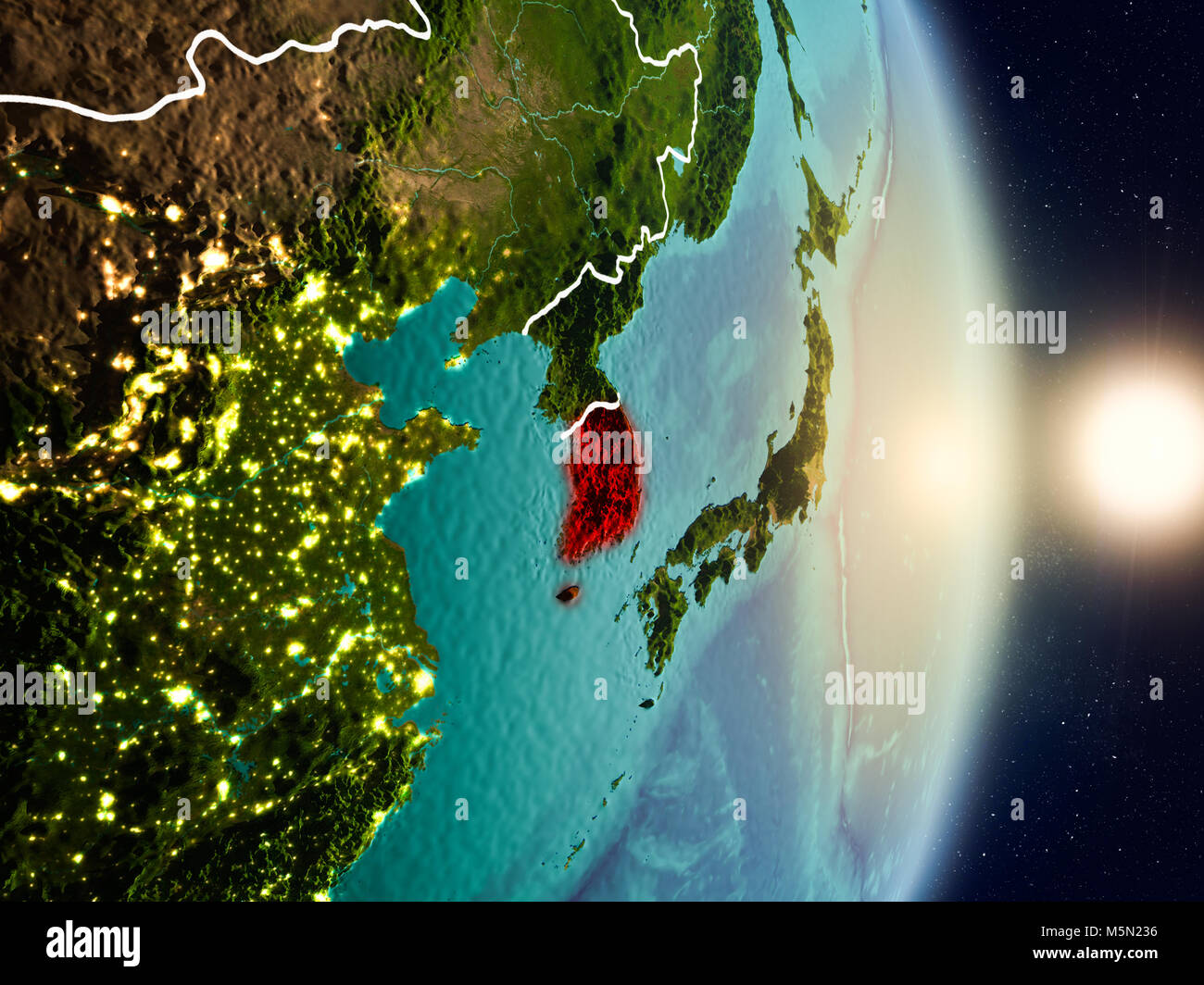 South Korea during sunrise highlighted in red on planet Earth with ...