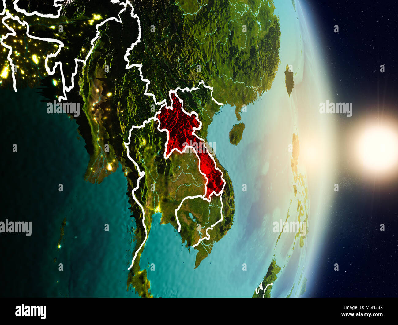 Laos during sunrise highlighted in red on planet Earth with visible ...