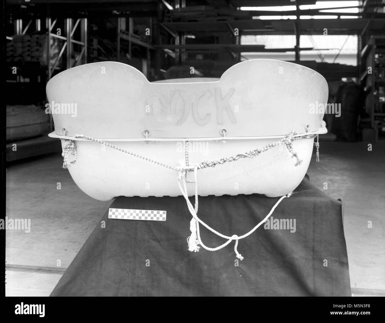 GRCA  Grand Canyon Historical Boat Collection Sportyak II (Dock) . Catalog # GRCA 9085  Object:  BOAT Description:   Sportyak named the 'Dock'.  The 'Dock' is a Sportyak II, made by Dayton Marine Products, Inc. and is vacuum formed of linear polyethelene. Length: 88 3/8 inches;  Beam: 44 1/2 inches;  Height of bow: 21 1/4 inches;  Height of transom 16 inches;  Height of midship 14+ inches: Weight: 38 pounds This boat was used by Otis ’Dock’ Marston for a com Stock Photo