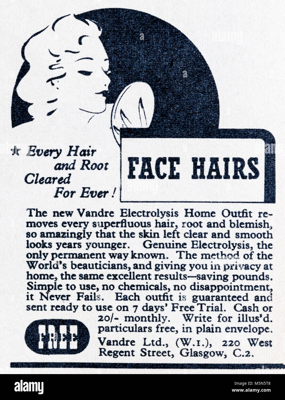 1950s magazine advert advertising the Vandre Electrolysis Home outfit to remove facial hair. Stock Photo