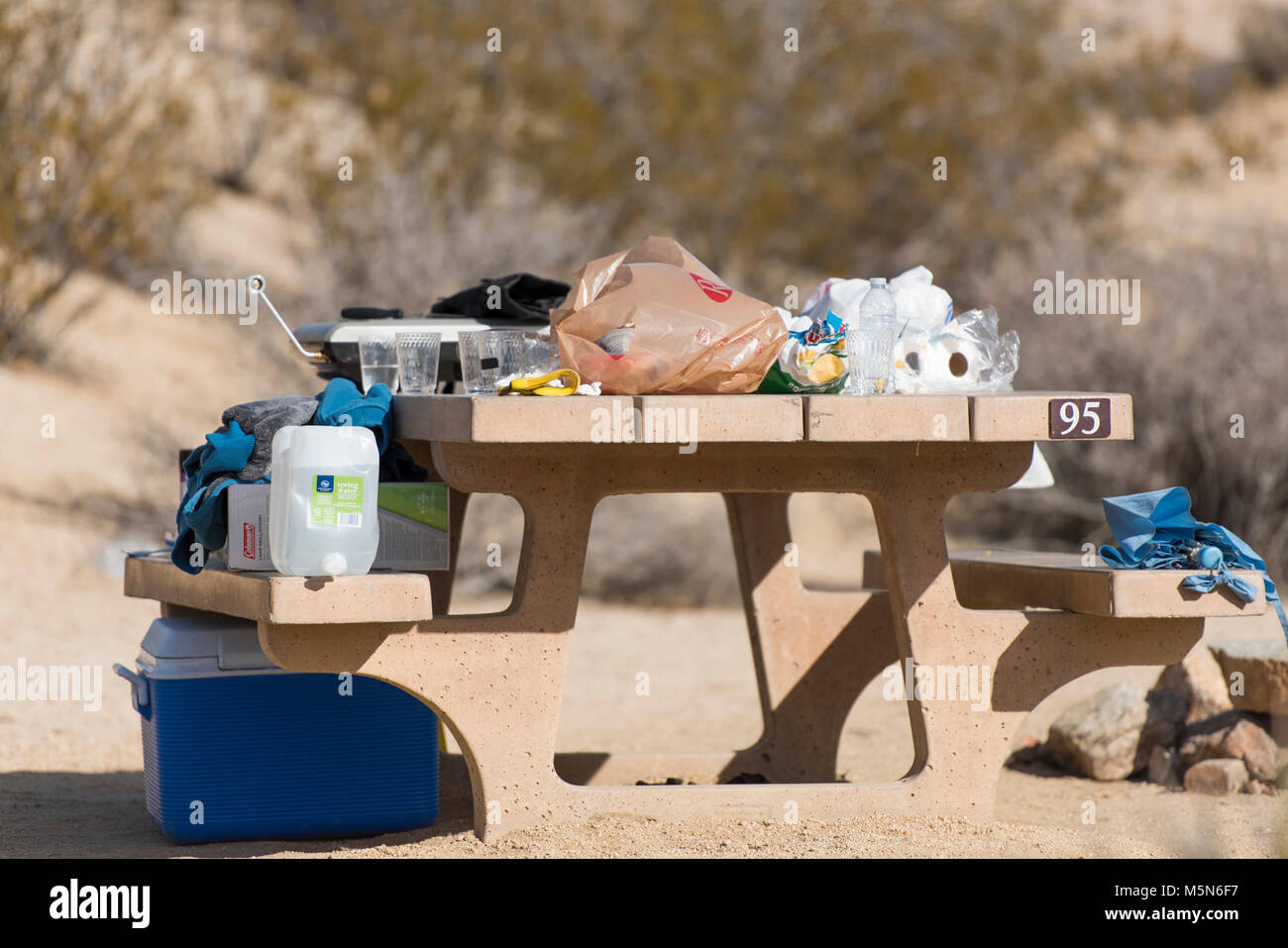 Unattended food left in a campsite . Stock Photo