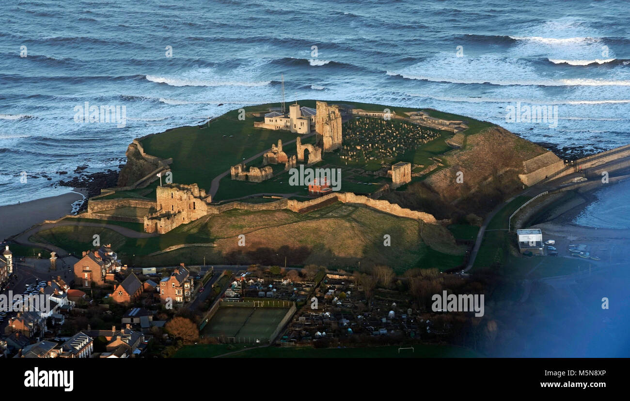 An aerial view of Tynemouth Castle and Priory on the coast of North