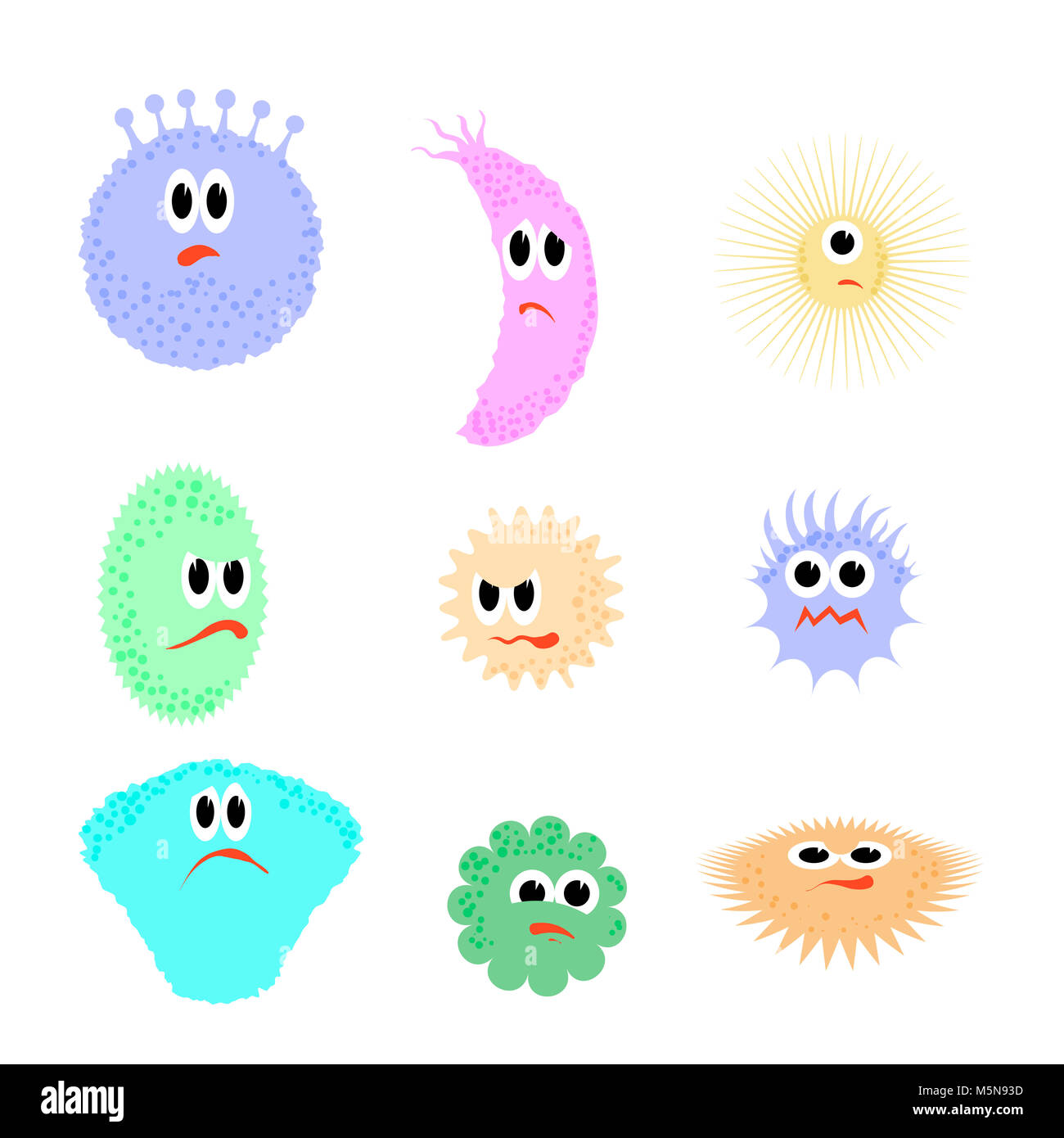 Cartoon Microbes. Pandemic Backteria. Dangerous Bad Viruses. Germs Backterial Mickroorganism. Bacterium Monsters Stock Photo