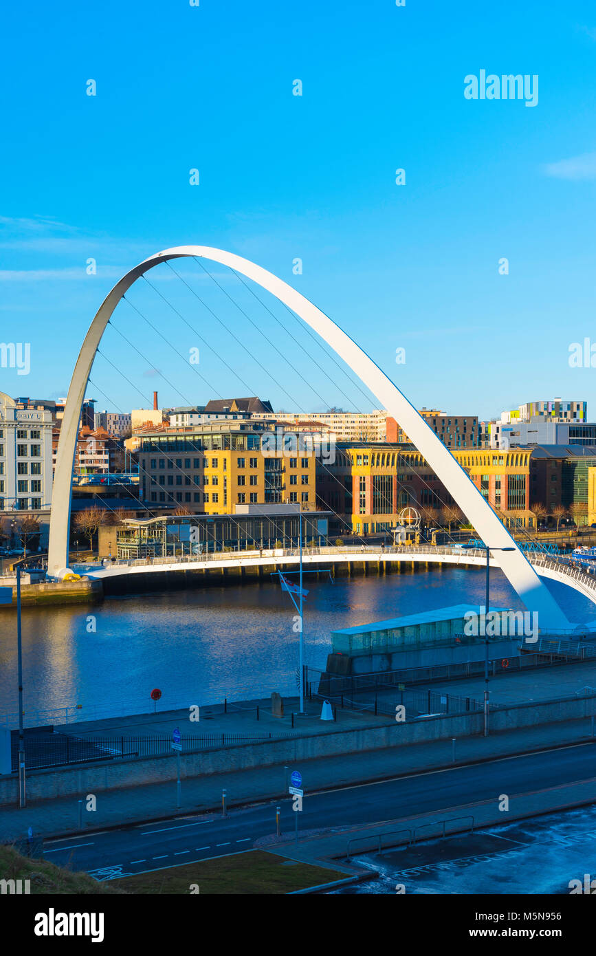 Tyneside Bridge, view at sunset of the Millennium Bridge and the Quayside area in the centre of Newcastle upon Tyne, Tyne And Wear, England, UK Stock Photo