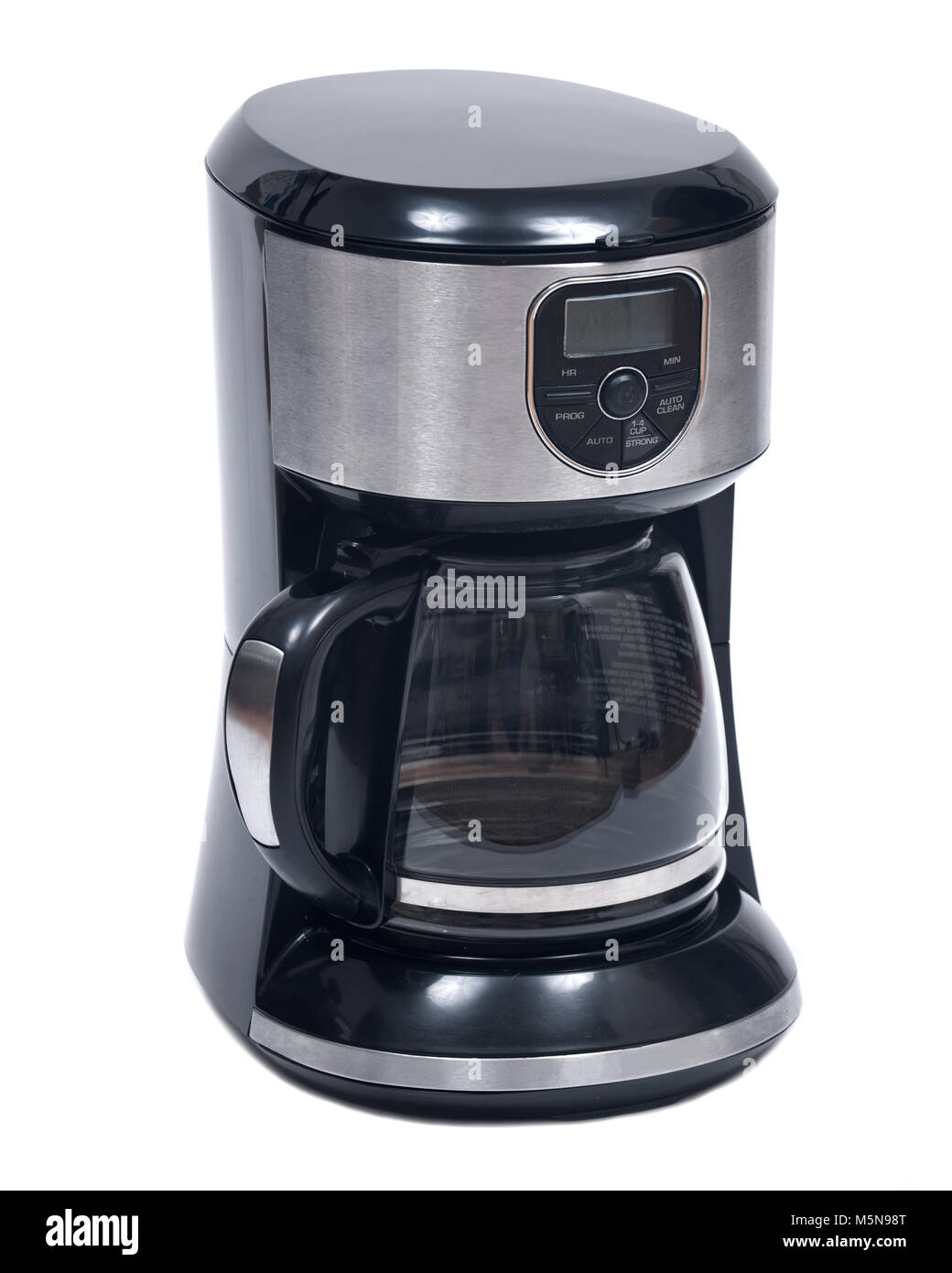 Black electric domestic coffee maker with clock and timer isolated on