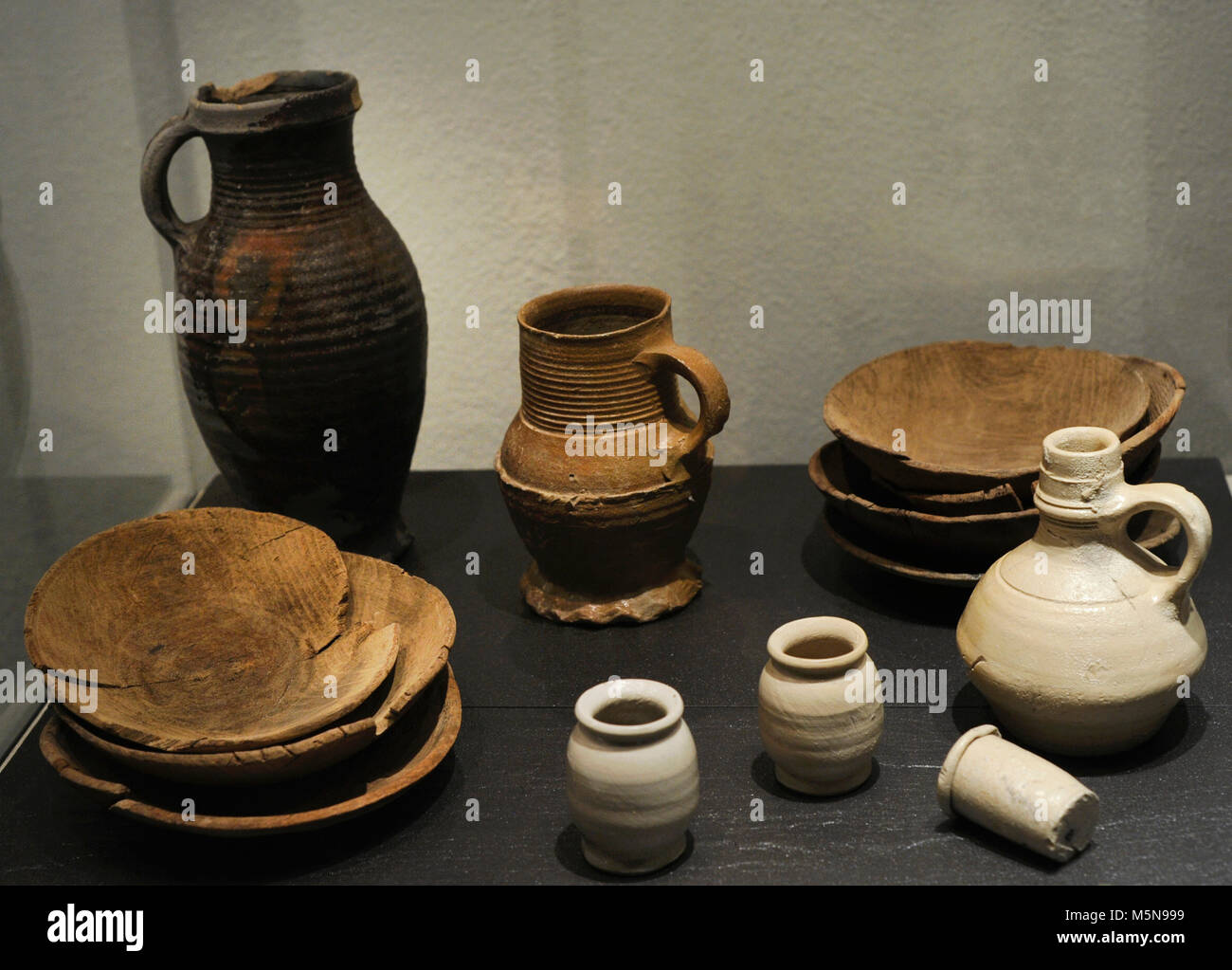 Middle Ages. Group of ceramic objects (jugs, cups, plates, etc.) belonging to a Beguine Community. Stolkgasse. 13th century. Roman-Germanic Museum. Cologne. Germany. Stock Photo