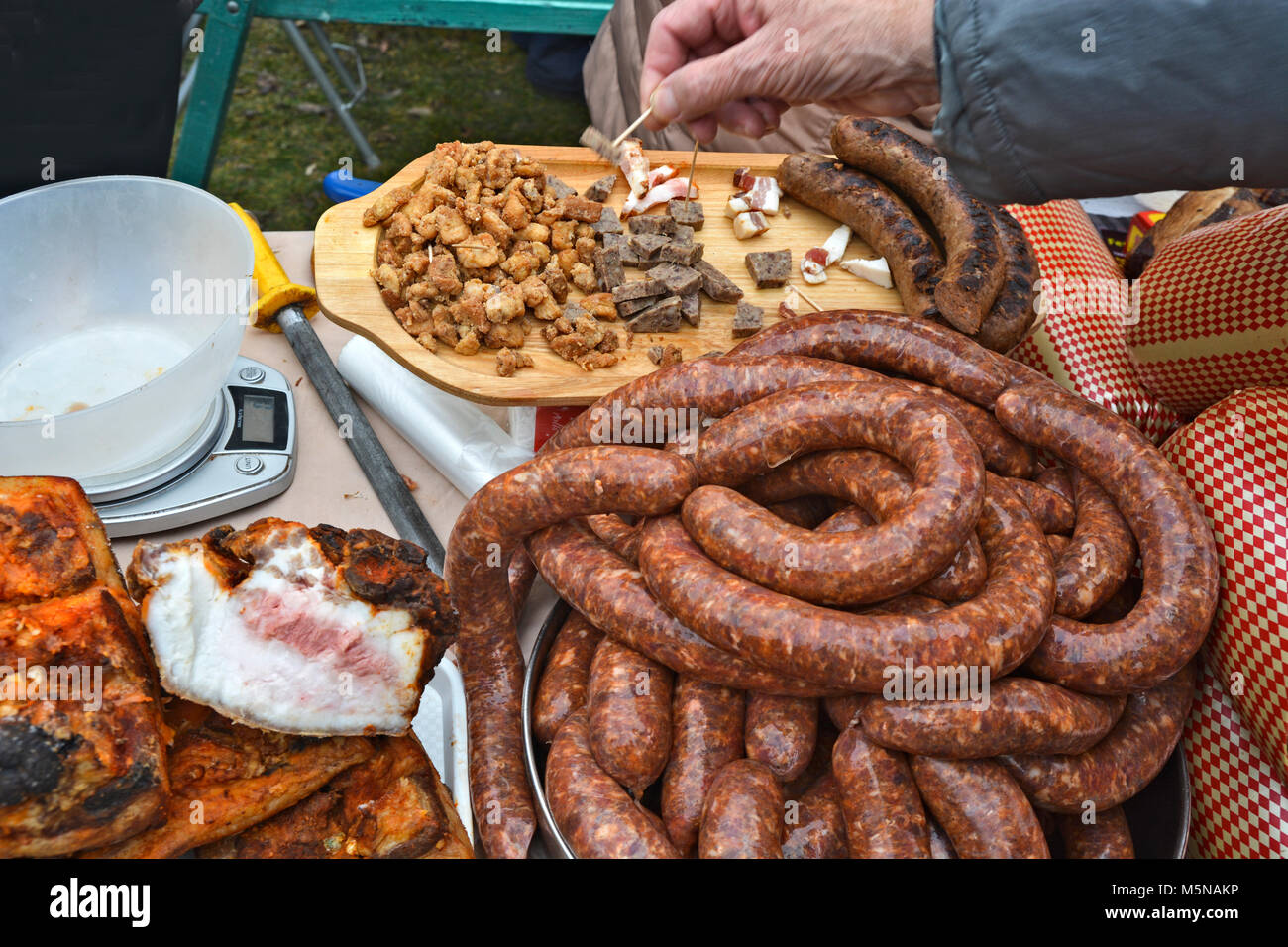 Freshly produced sausages that are put up for sale Stock Photo Alamy