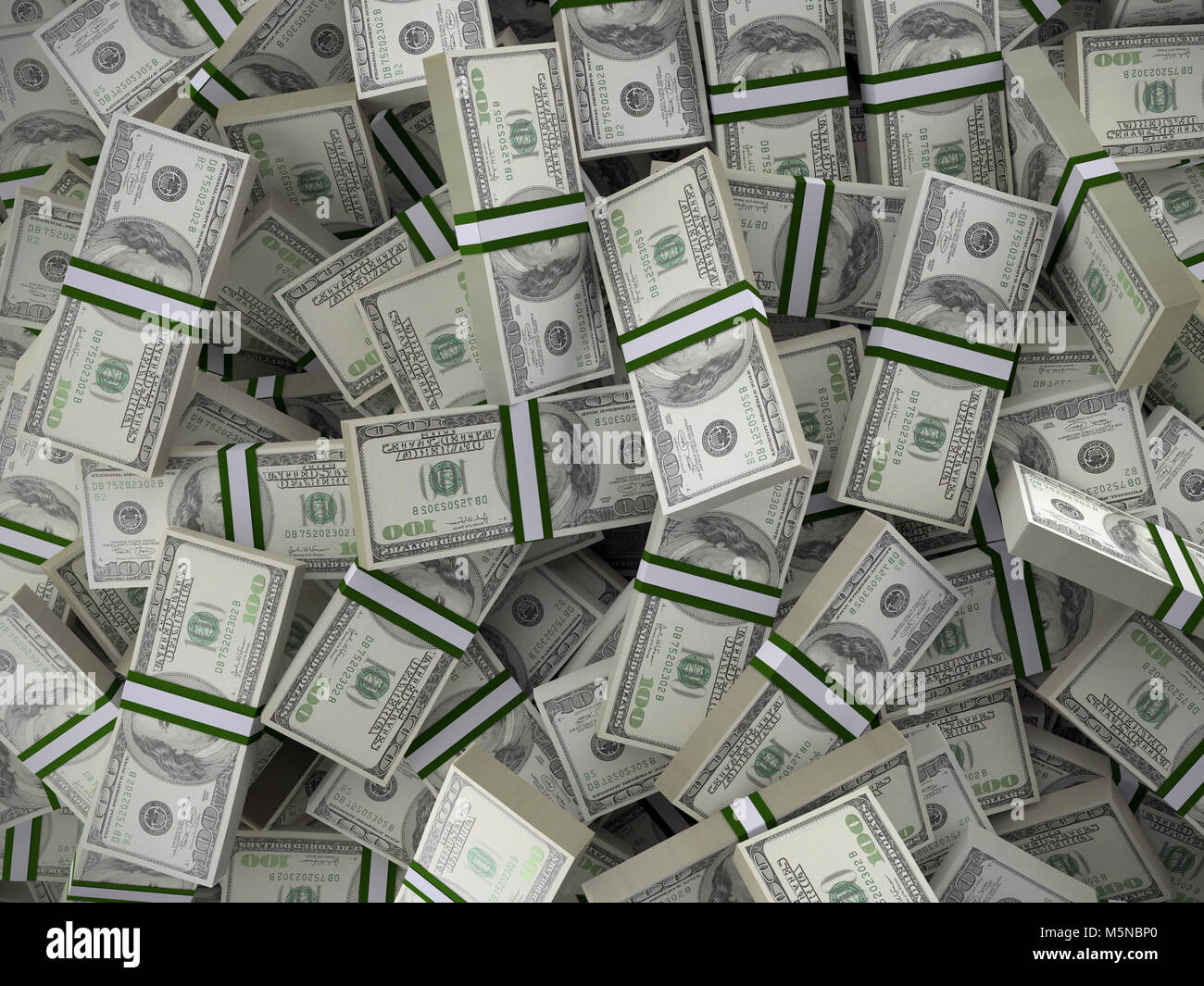Background of pile of 100 dollar bill wads Stock Photo