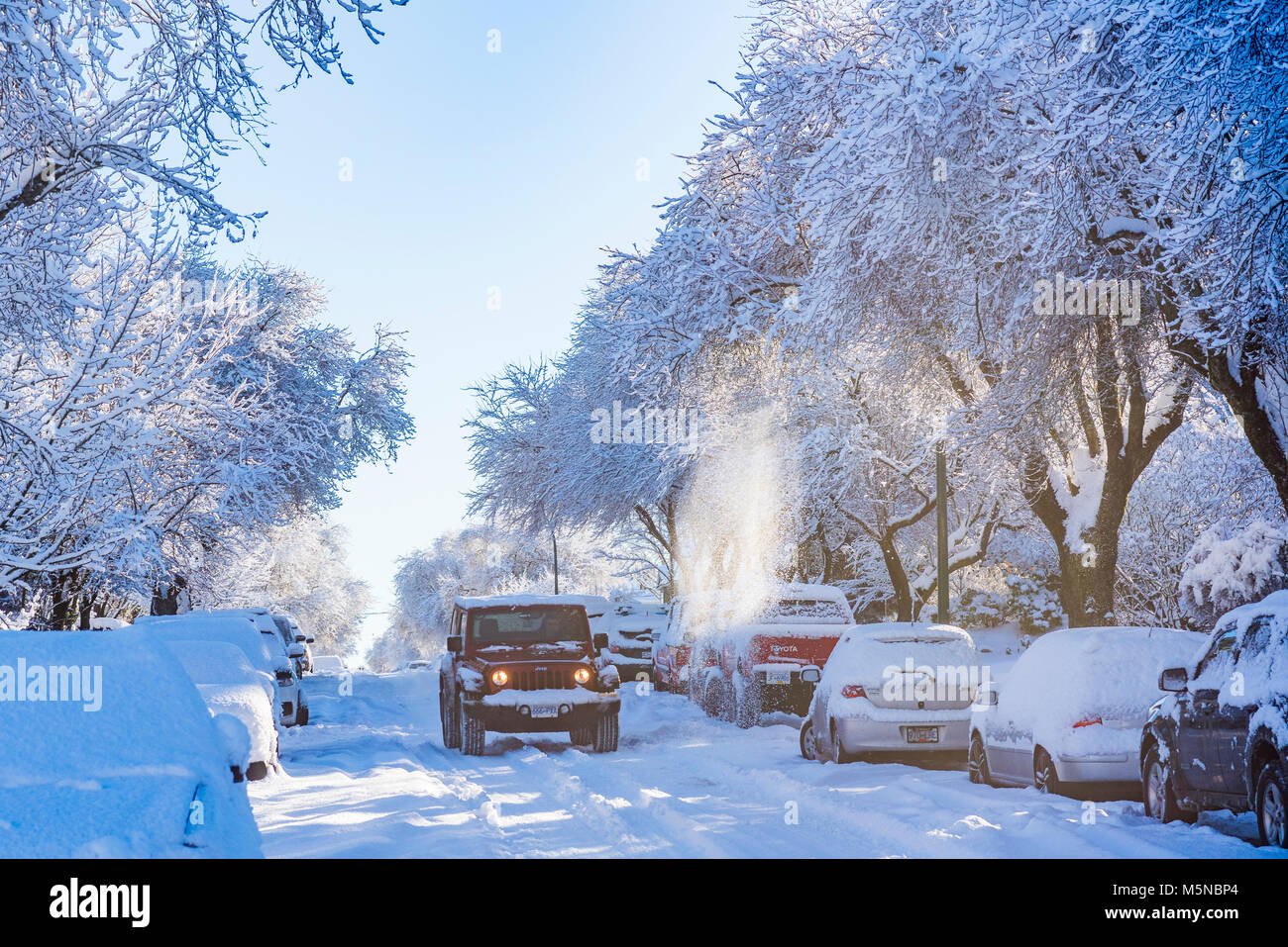 Snowy winter street in Vancouver, British Columbia, Canada. Stock Photo
